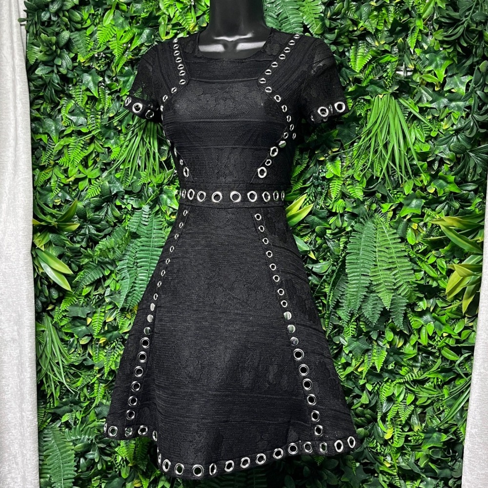 Maje Dress Size 36 Small Black Lace Grommet Fit and Flare Mini Cocktail 4154